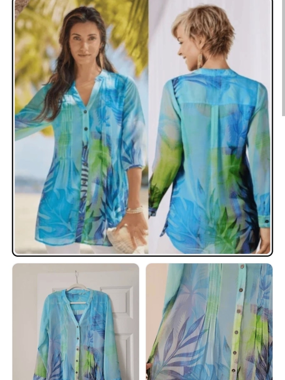 Soft Surroyndings Blue Tropical Button-Front Blouse With Tank